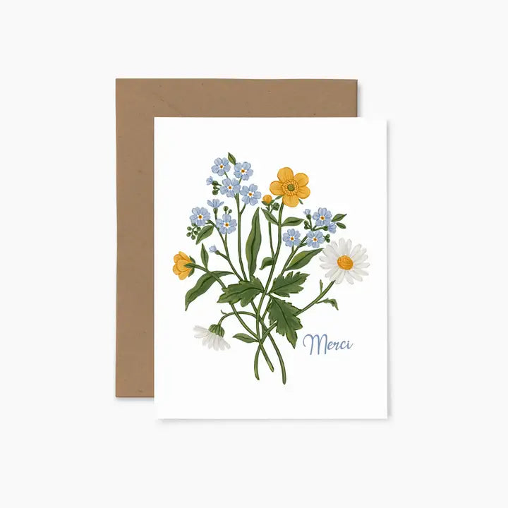 Carte, bouquet merci, fleurs, vert, jaune, bleu, blanc, papier fleuri, Montréal, canada