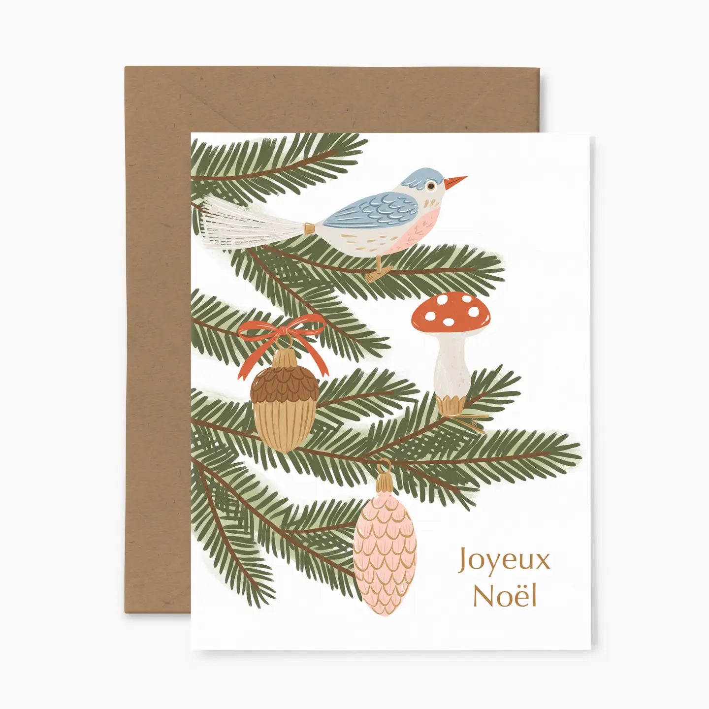Carte, Noël, Joyeux Noël, ornements vintage sur sapin, Montréal, Canada, Papier Fleuri Co, célébration