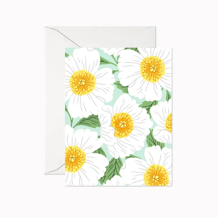 Carte de souhait pivoine blanche fleur jaune