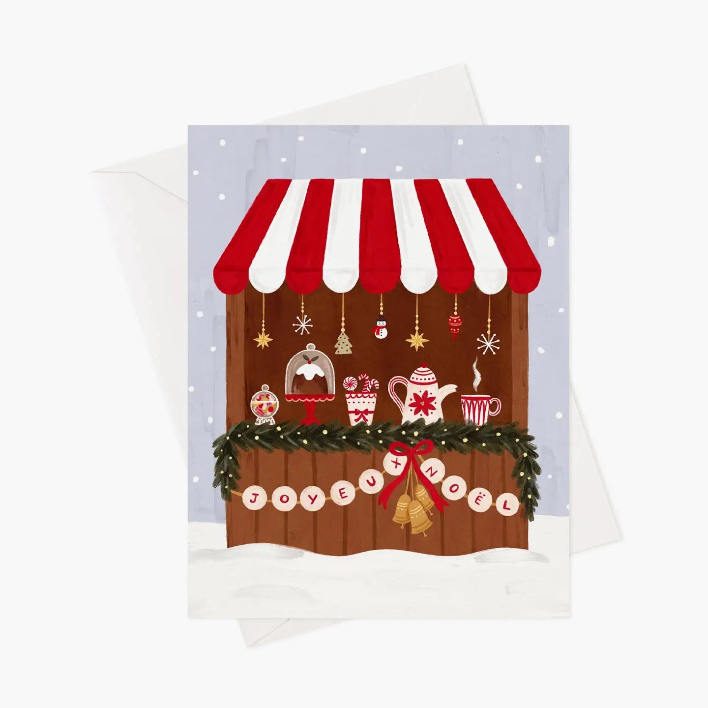 Carte, Noël, kiosque confiseries marché de Noël allemand, Québec, Canada, Marie-Lise illustration, célébration