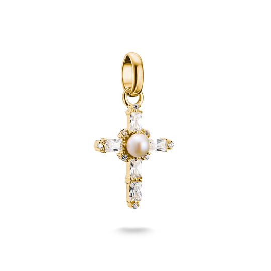 Charm, Thomas Sabo, pendentif, style, mode, perle, vintage croix, religieux, zircon, argent sterling 925, plaqué or 18 carats