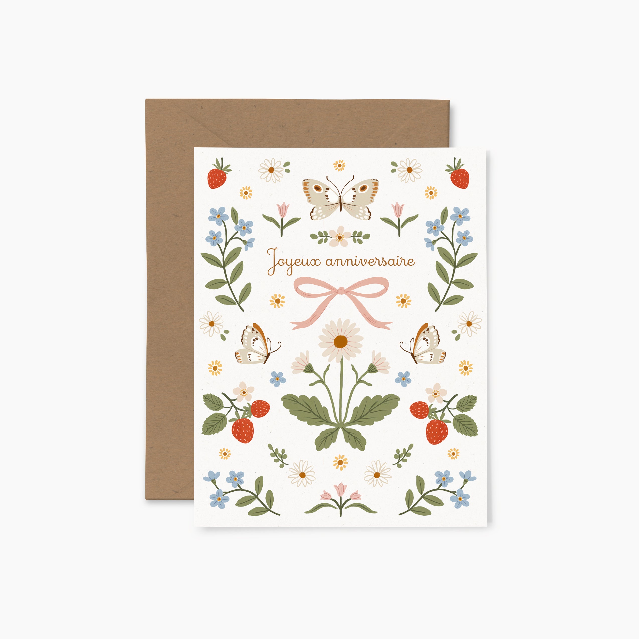 Carte Joyeux anniversaire fraise papillon