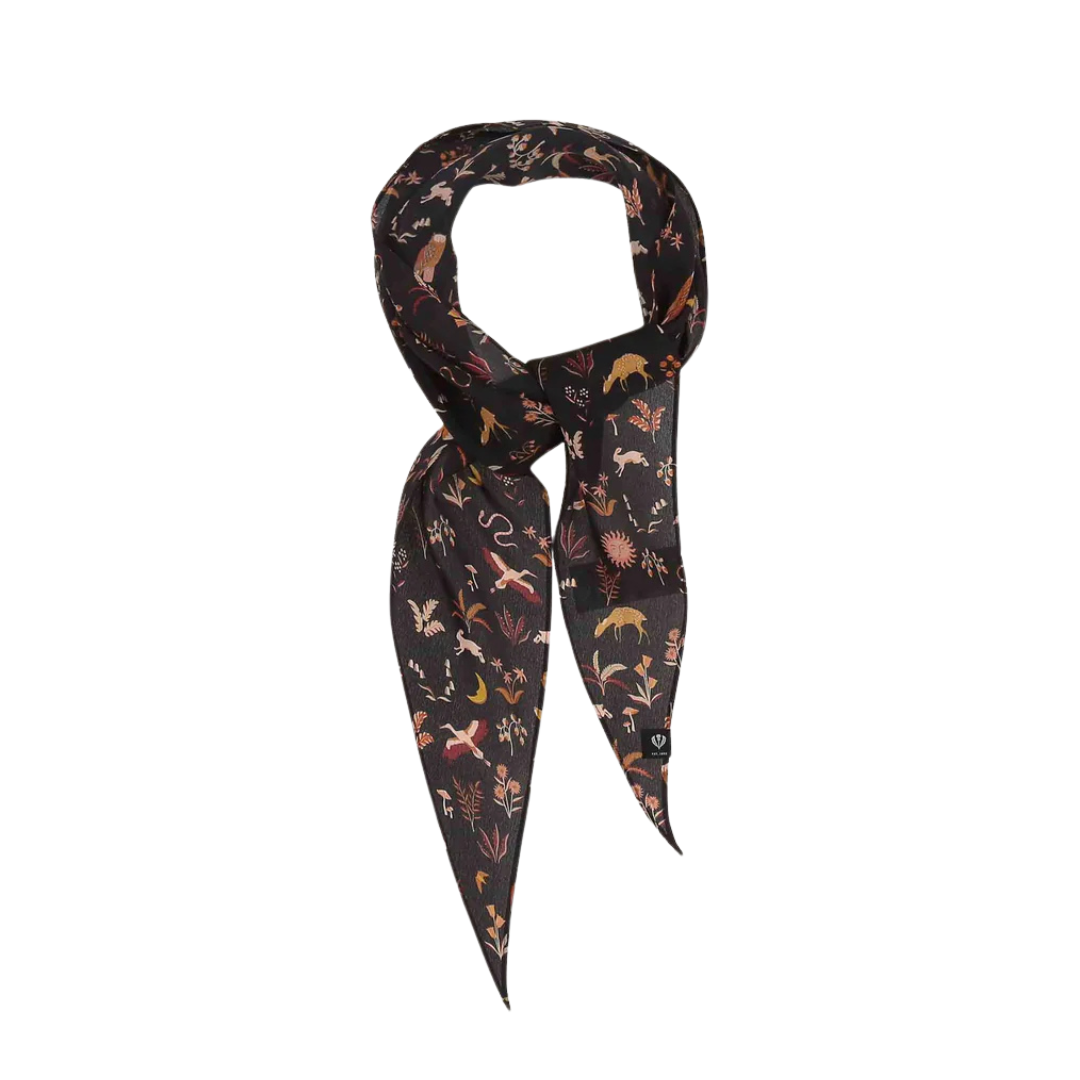 Foulard, ménagerie botanique, losange, style, mode, V.Fraas, Gris anthracite, soie, animaux, végétaux