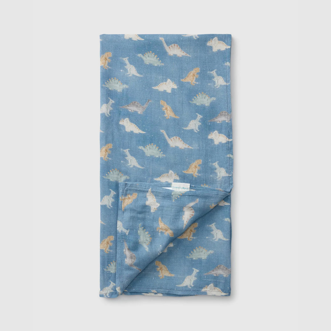 Mousseline Emaillotage motif dinosaur stomp bleu bébé bambou coton Loulou lollipop Canada