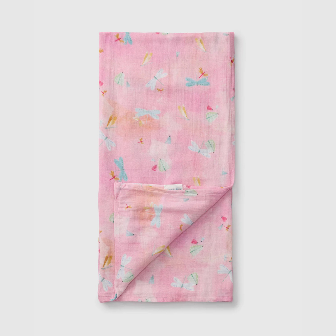 Mousseline Emaillotage motif dancing dragonflies libellule rose bébé bambou coton Loulou Lollipop canada