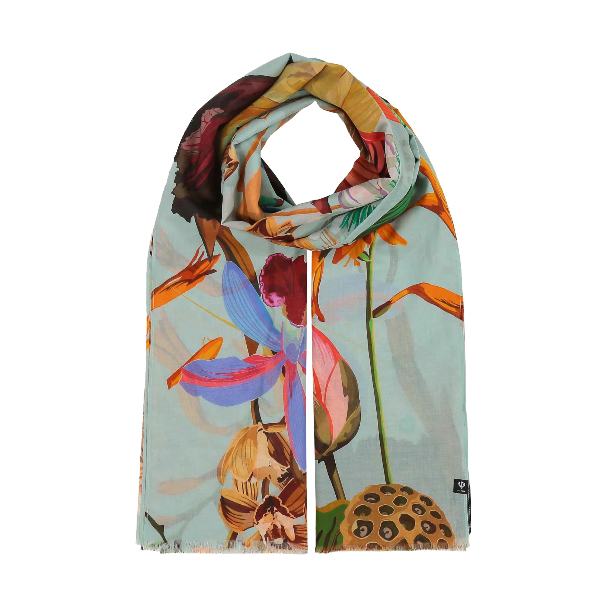 Foulard XXL coton Fleurs tropicales fond bleu aqua Maison FRAAS motif coloré cute tendance mode