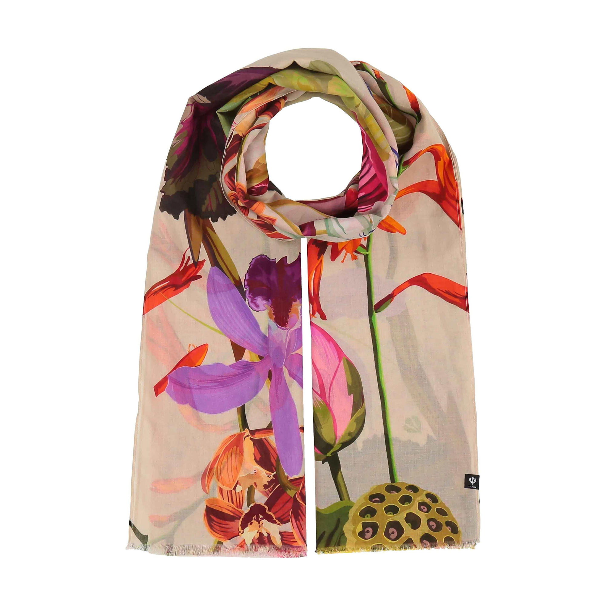 Foulard XXL coton Fleurs tropicales fond ivoire Maison FRAAS motif coloré cute tendance