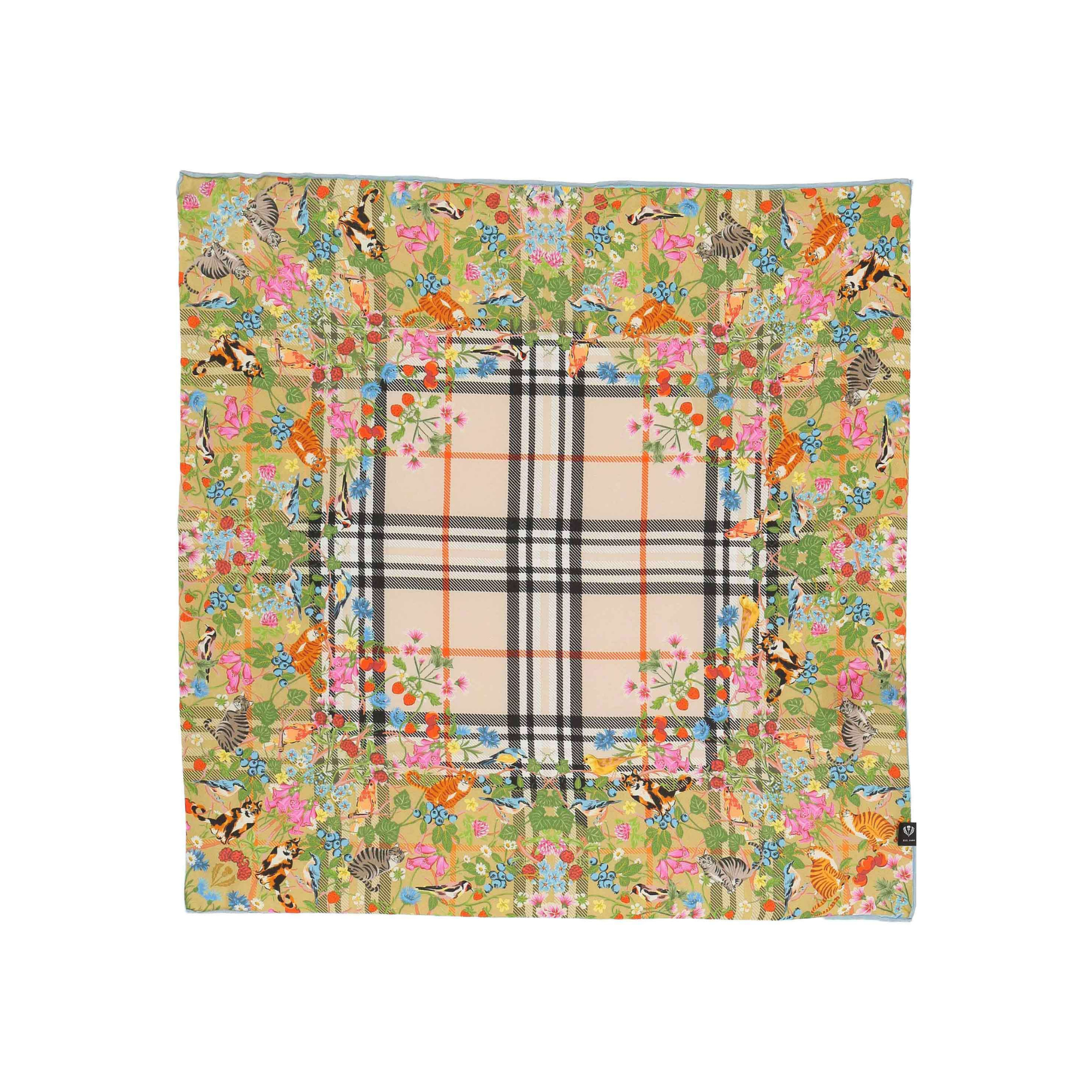 Carré de soie 100% Motif Plaid et Chats colorés crème maison FRAAS cute tendance mode