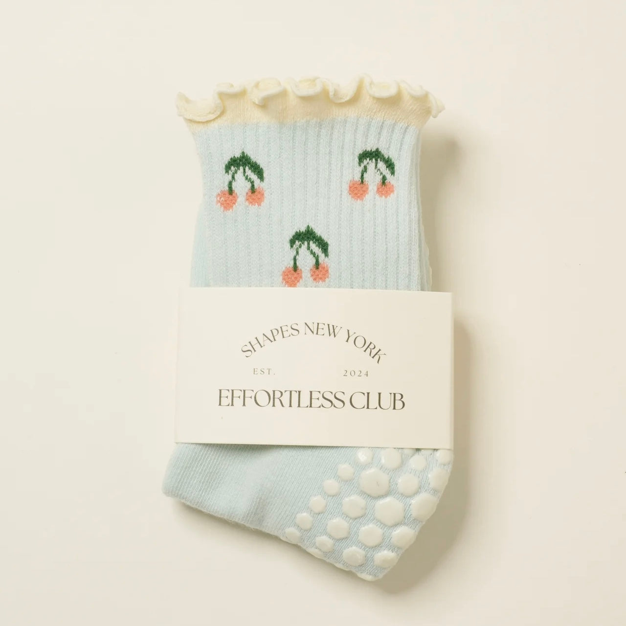 Chaussettes antidérapantes yoga pilates cerise coton bleu pâle