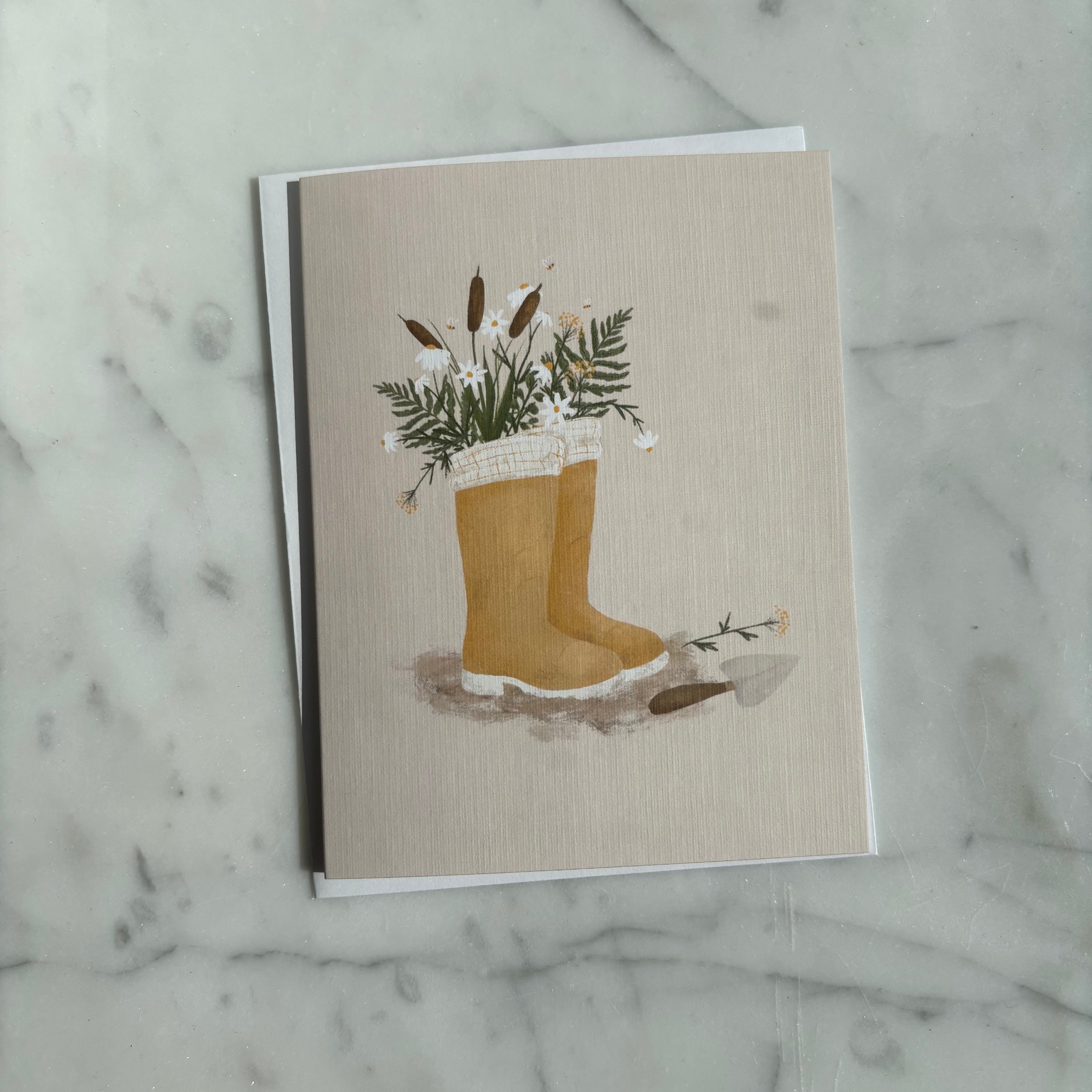 Carte, bottes printanières, rose, jaune, Sarah la lune, Montréal, canada