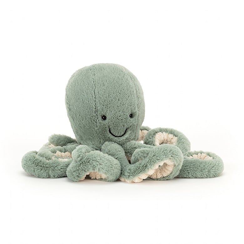 Toutou pieuvre Jellycat Odyssey en vert sauvage en grand et petit