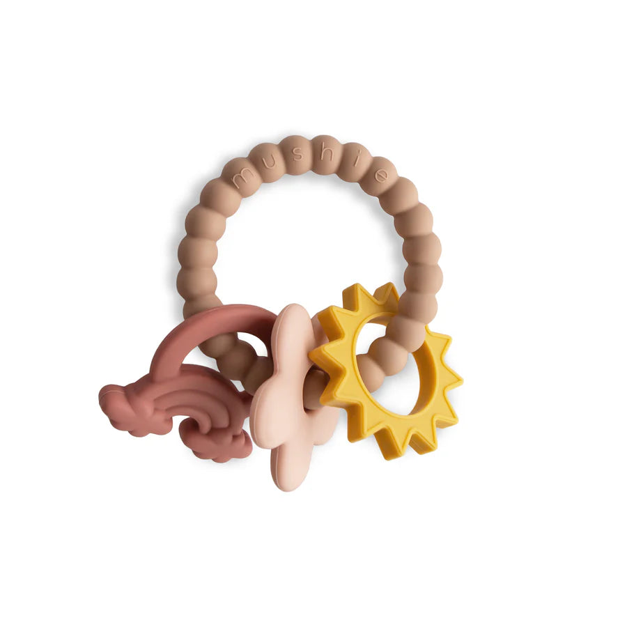 Anneaux de dentition enfant silicone rose jaune arc-en-ciel soleil