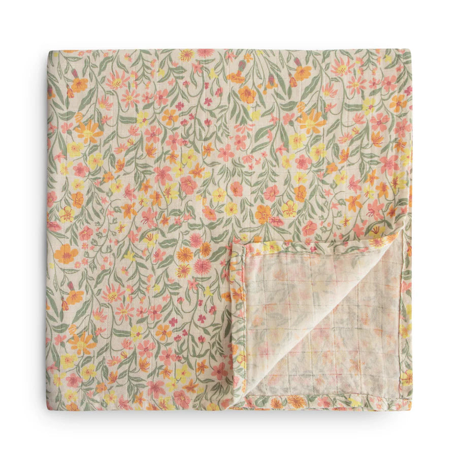 Couverture coton mousseline enfant beige prairie fleurs rose jaune