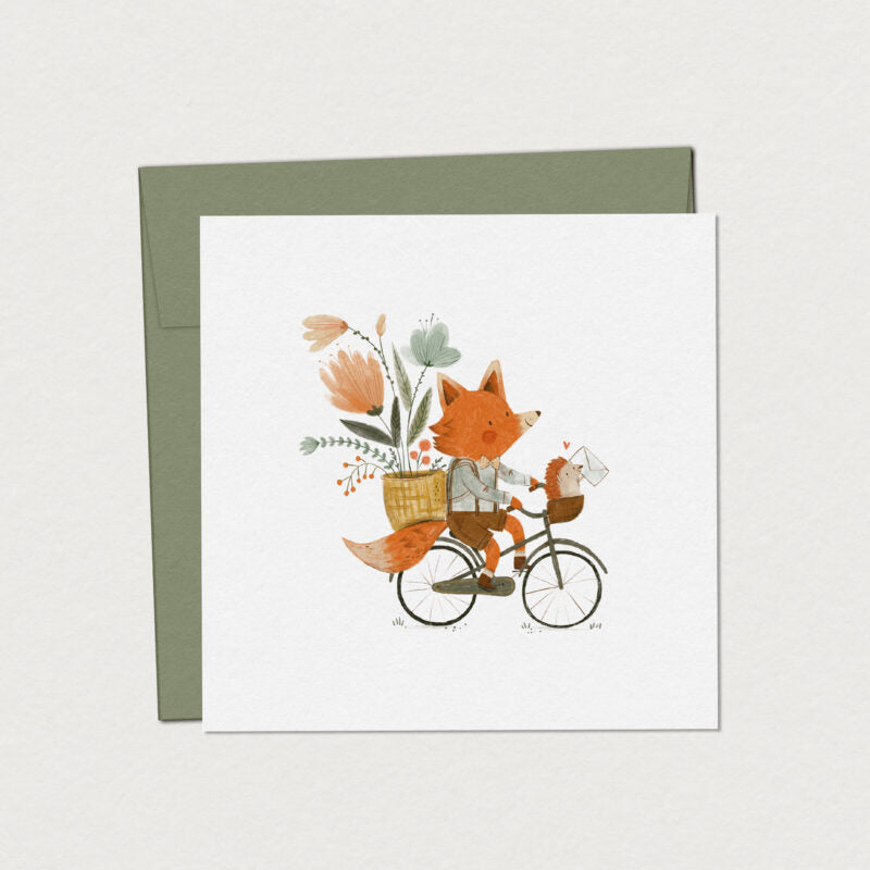 Carte souhait Québec Mimosa Renard bicyclette