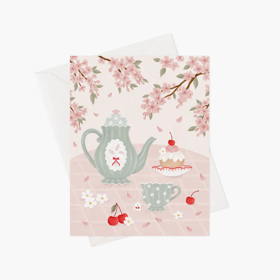 Carte souhaits, thé sous les Sakura, rose, mignon, gâteau, Marie-Lise illustration, Québec, canada