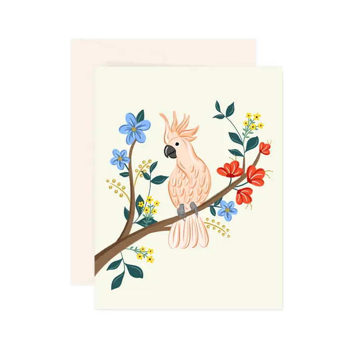 Carte de souhait oiseau perroquet rose fleurs et feuilles pastels