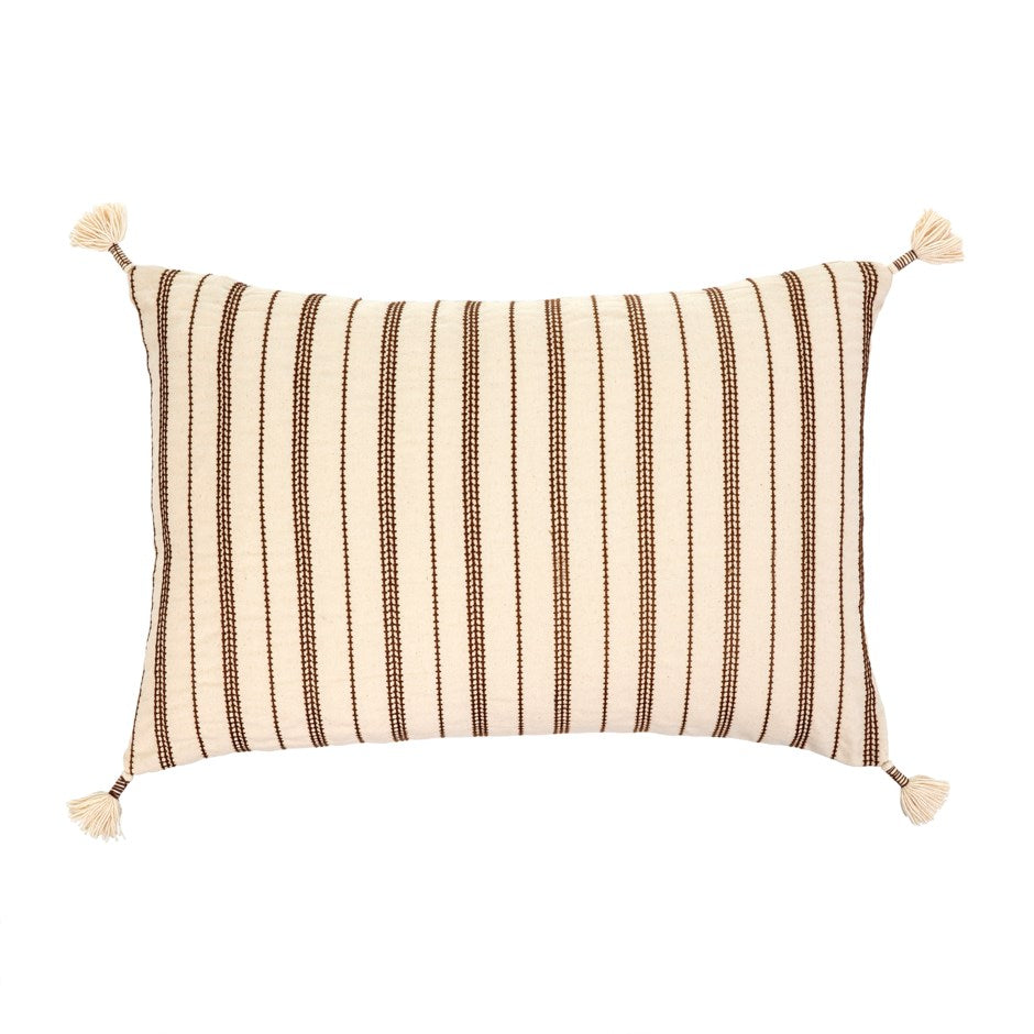 coussin décoratif rayures brun marron pompons ivoire