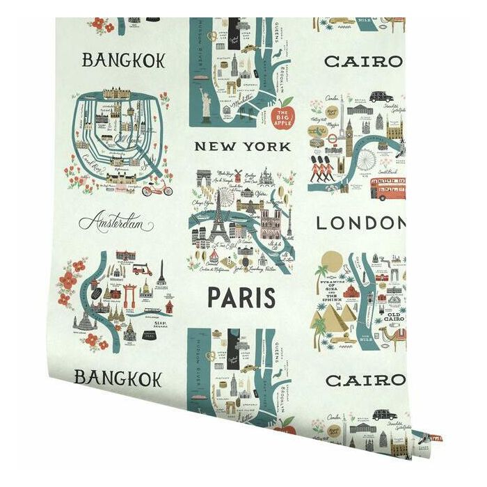 papier peint Rifle Paper carte du monde teal