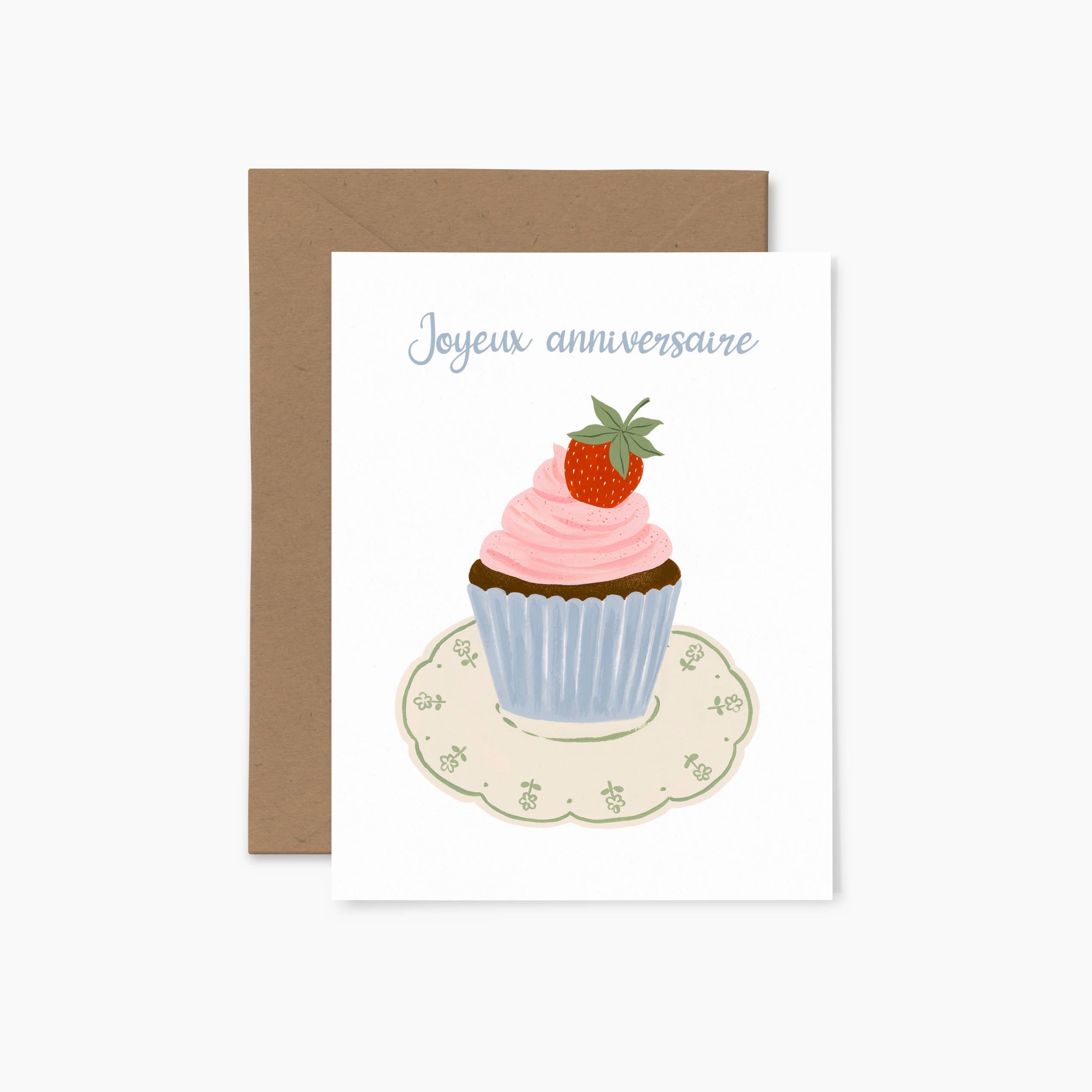 Carte de souhaits Cupcake vintage « Joyeux anniversaire » Papier Fleuri Co. Gâteau fraise 