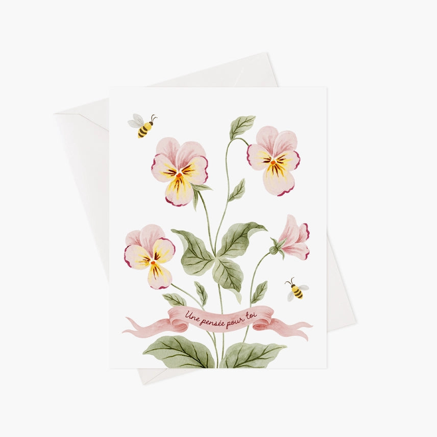 Carte de souhaits Une pensée pour toi Marie-Lise cute tendance mode blanc fleuri rose pâle 