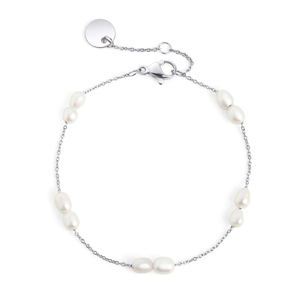 Bracelet avec des vraies perles d’eau douces par 2 en acier inoxydable de mima couleur argentée 