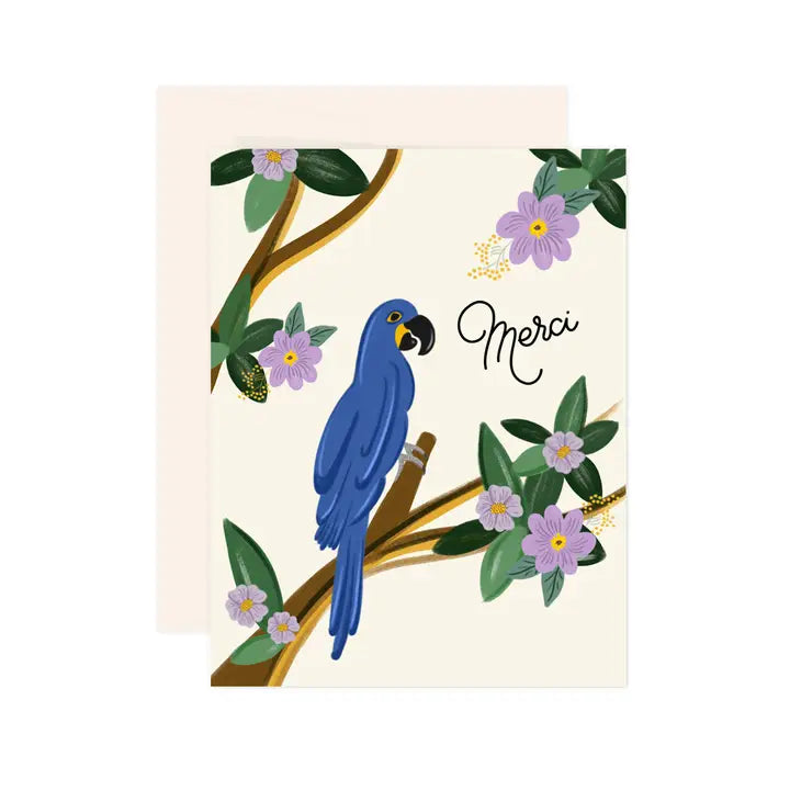 Carte de souhait merci perroquet bleu fleur mauve