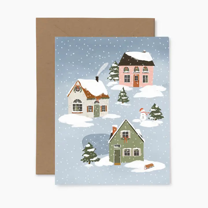 Carte de Noël Village enneigé Papier Fleuri Co. Hiver maison cadeau cute tendance 