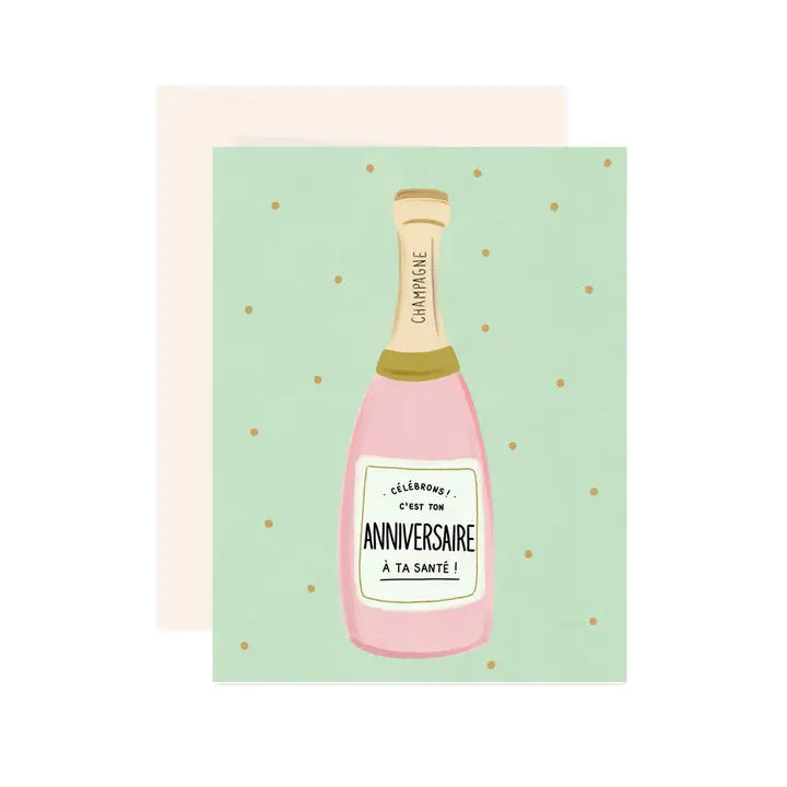 Carte de souhait champagne rosé rose anniversaire confettis 