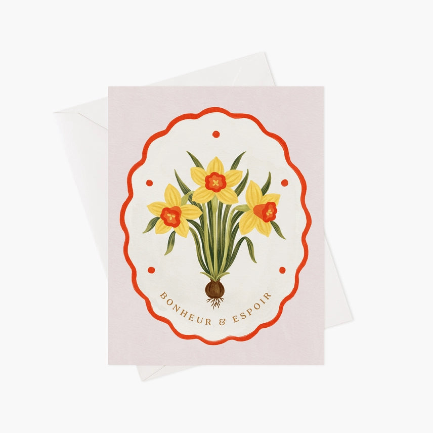 Carte de souhaits Jonquilles Bonheur et Espoir Marie-Lise cute tendance mode fleuri rose