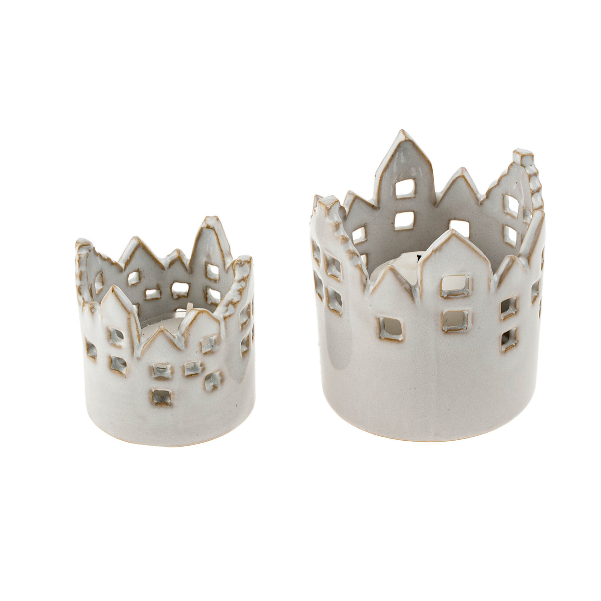 Bougeoirs deux maisons grises mignon hiver Noël cadeau Indaba céramique glaçure 