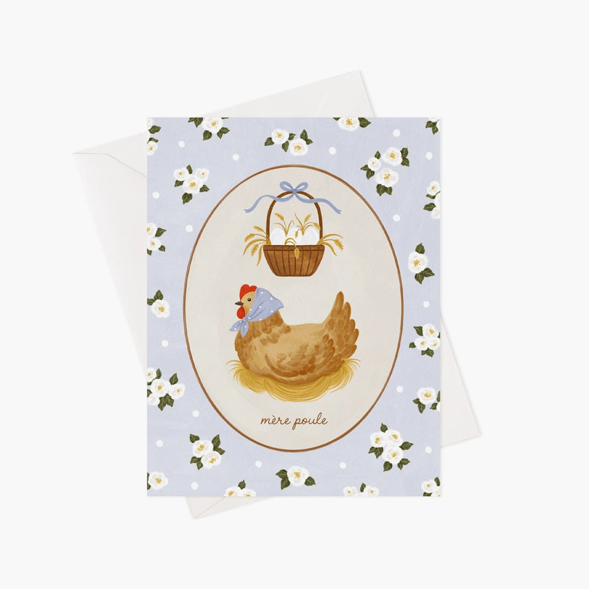 Carte de souhaits Mère Poule Marie-Lise Québec cute tendance bleue pâle fleur 