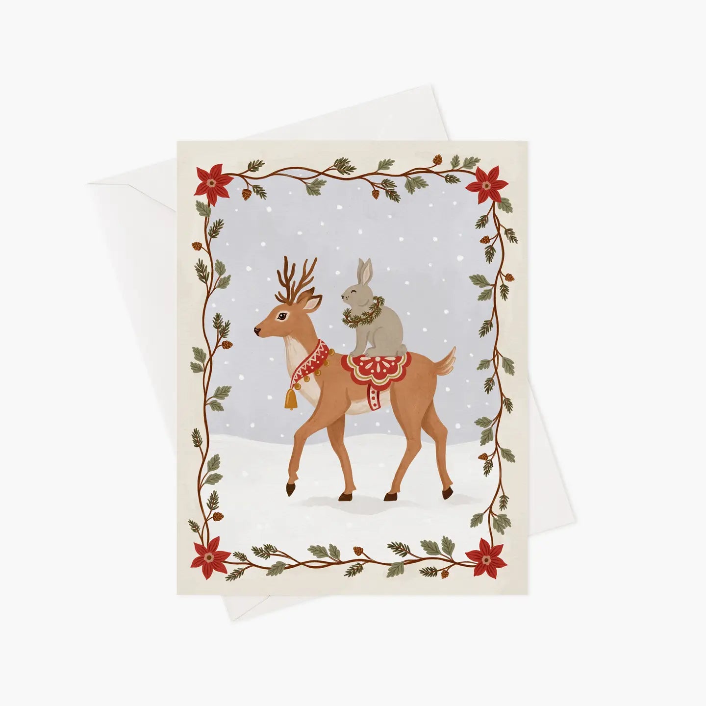 Carte, Noël, renne et lapin en promenade hivernale, Québec, Canada, Marie-Lise illustration, célébration 
