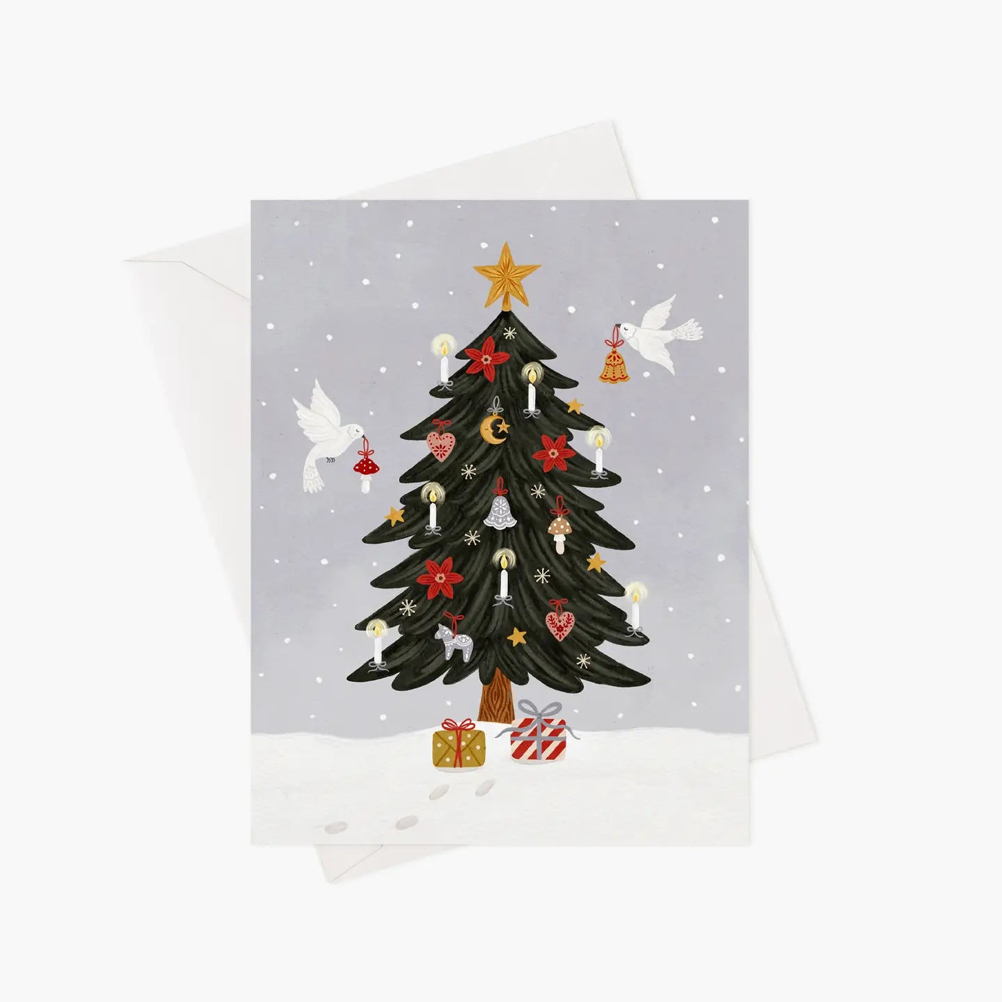 Carte, Noël, grand sapin décoré avec des colombes blanches, Québec, Canada, Marie-Lise illustration, célébration 