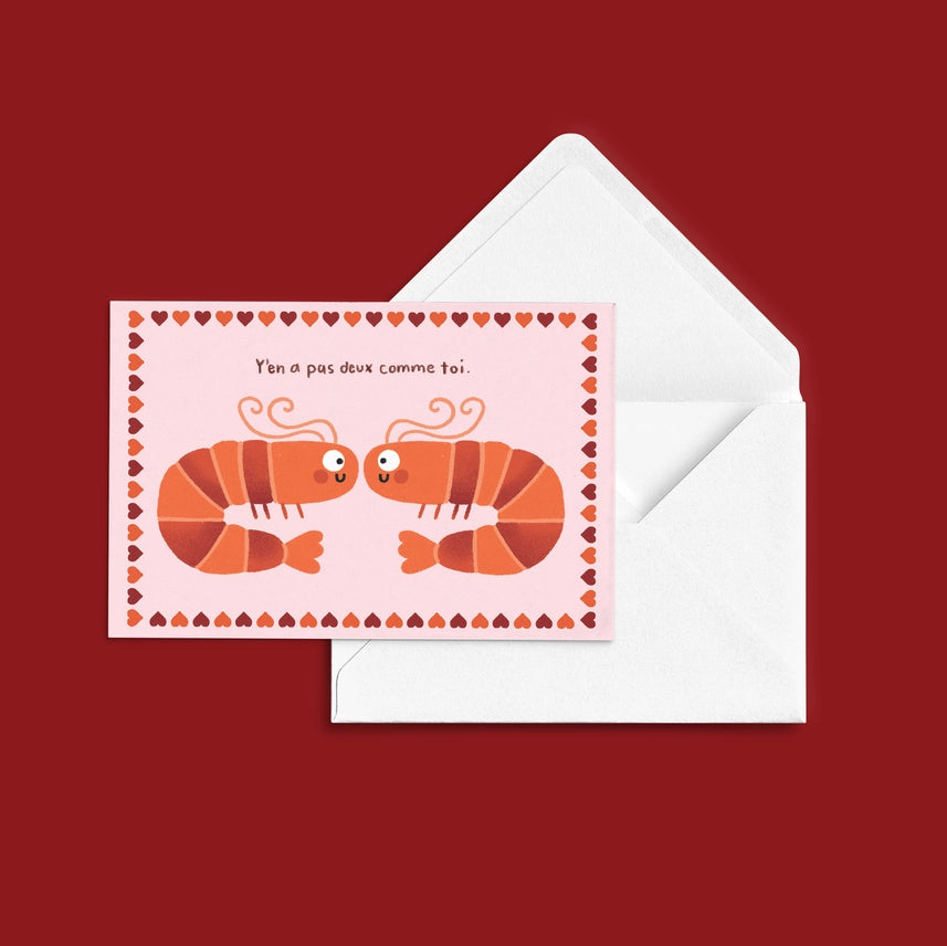 Carte de souhaits crevettes Anne-Julie Dudemaine rouge y’en a pas deux comme toi