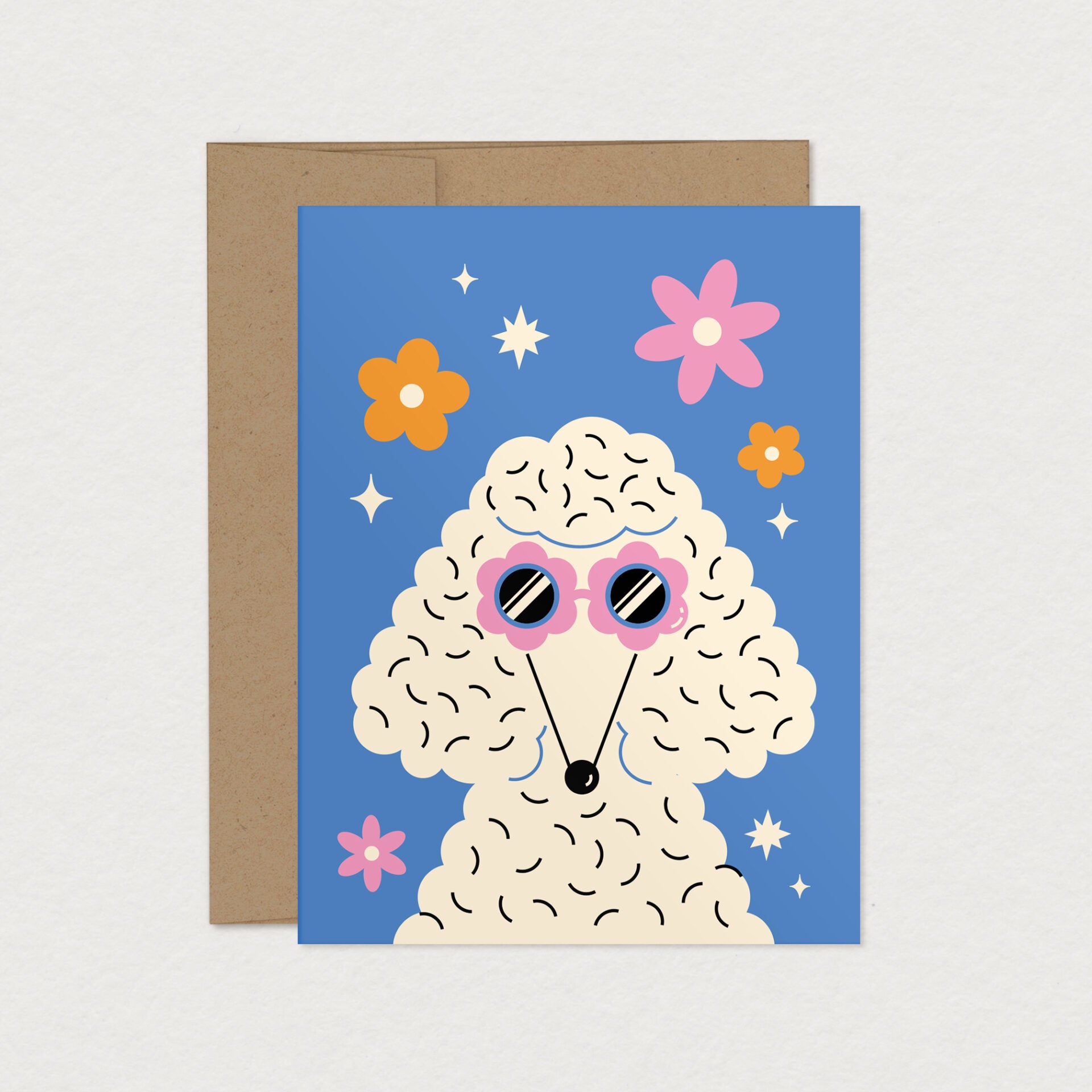 Carte de souhaits chien canichette mimosa design lunettes