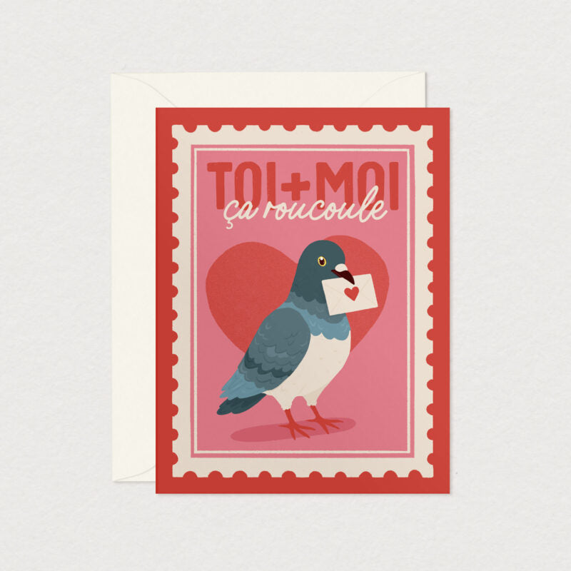 carte St-Valentin pigeon voyageur coeur rouge rose Mimosa amour 