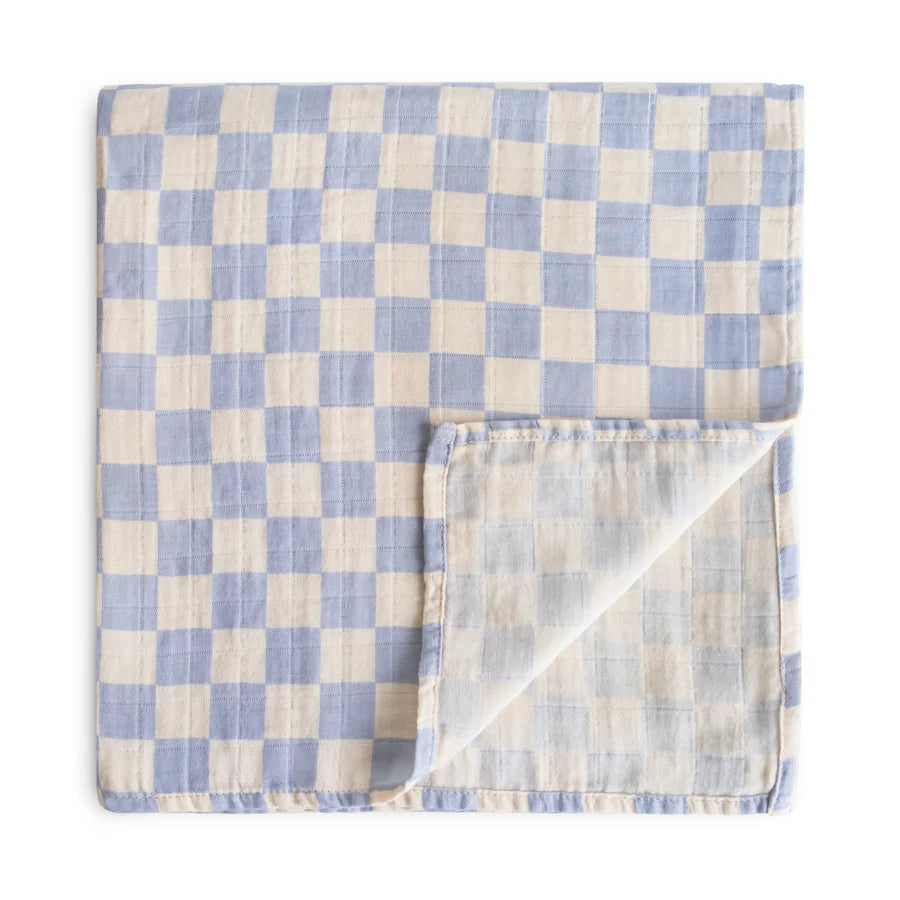 Couverture coton mousseline enfant beige bleu carreaux