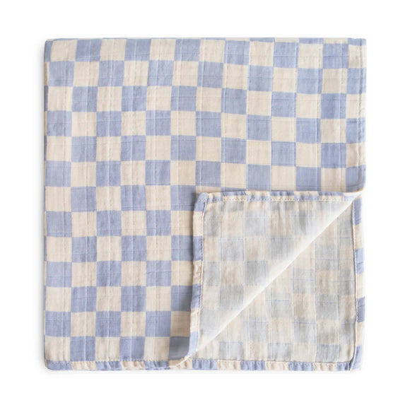 Couverture coton mousseline enfant beige bleu carreaux