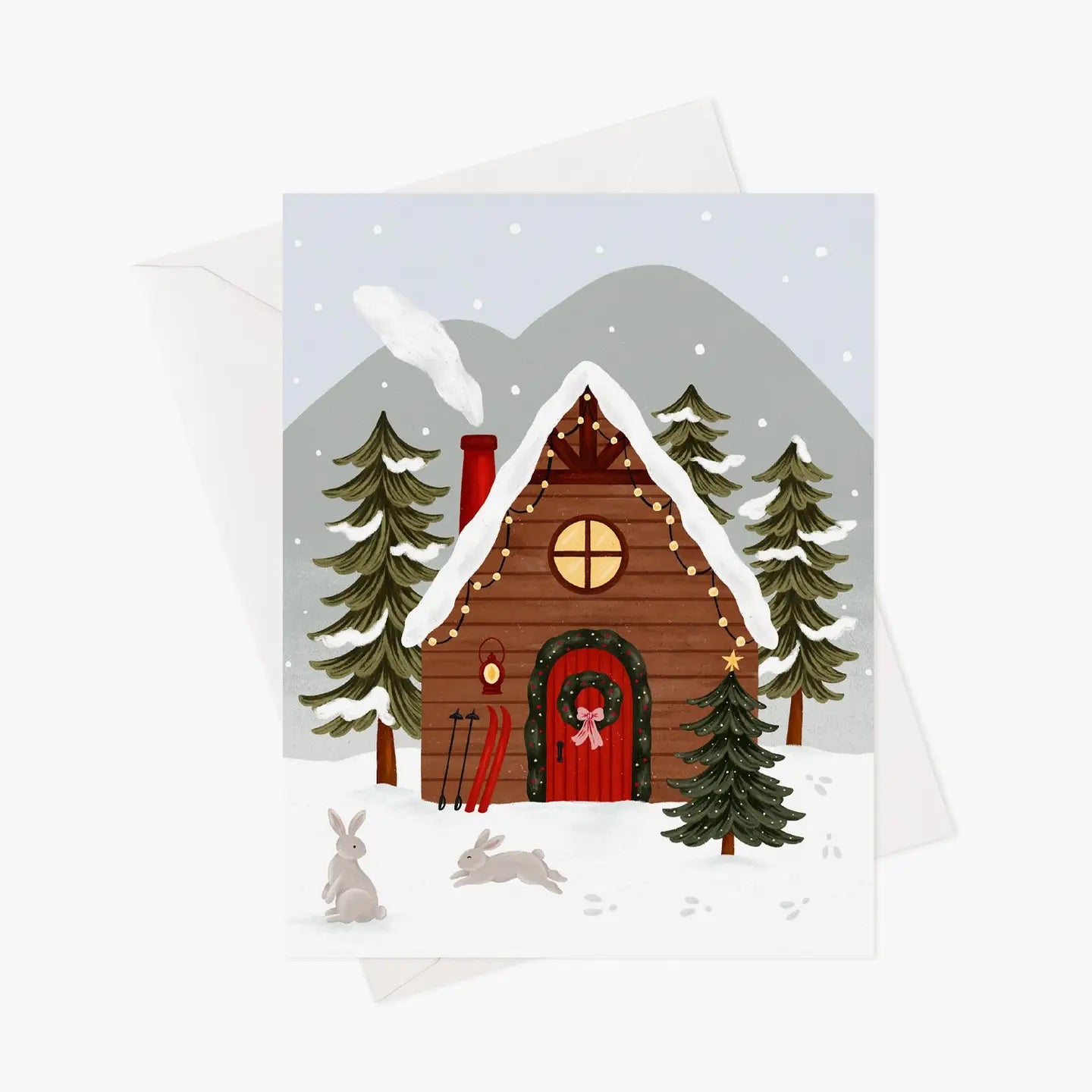 Carte, Noël, chalet de ski en bois rond, Québec, Canada, Marie-Lise illustration, célébration 