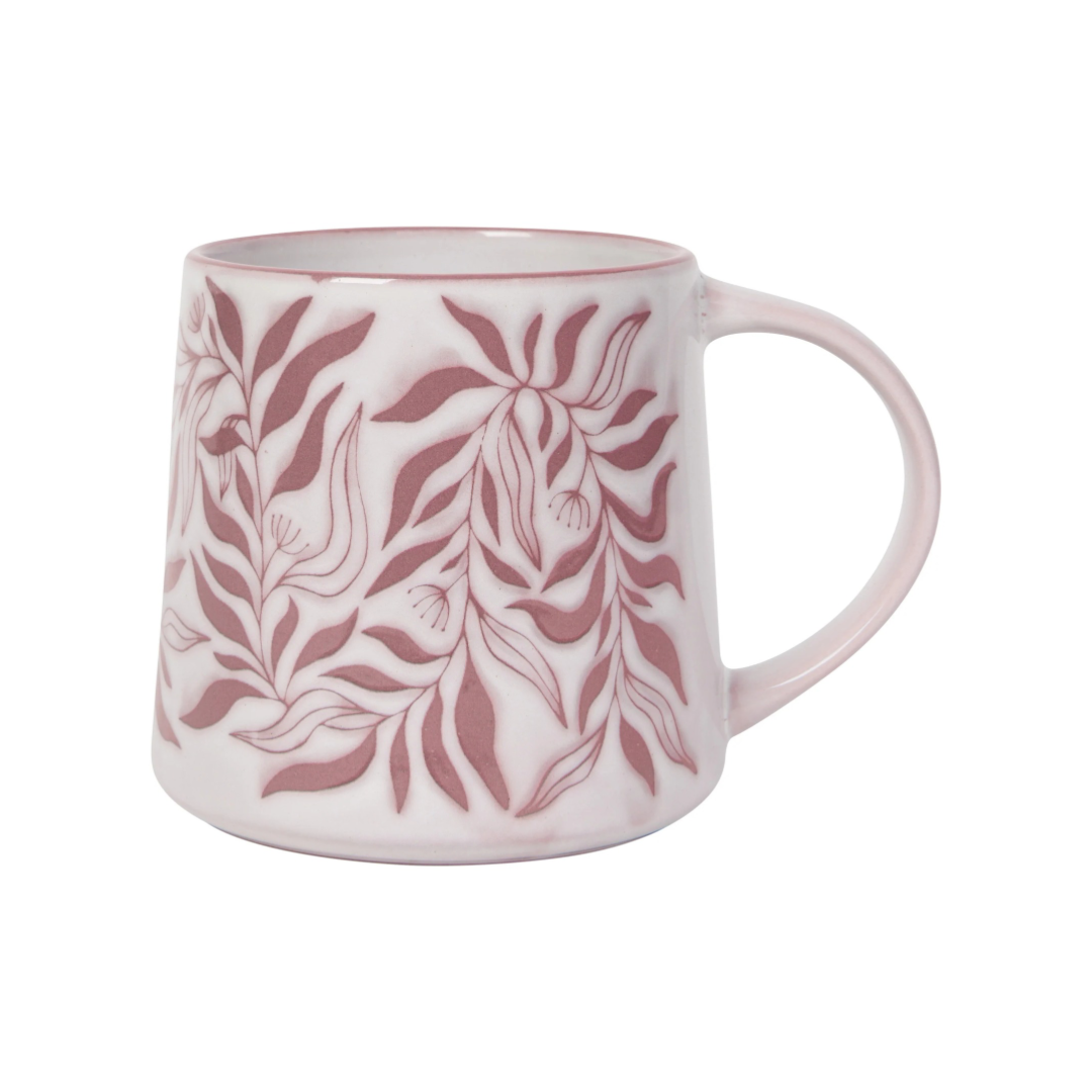 Tasse café, motif botanique, feuilles, bourgogne, rose, boisson, 20 oz, grès, Danica, Vancouver, Canada