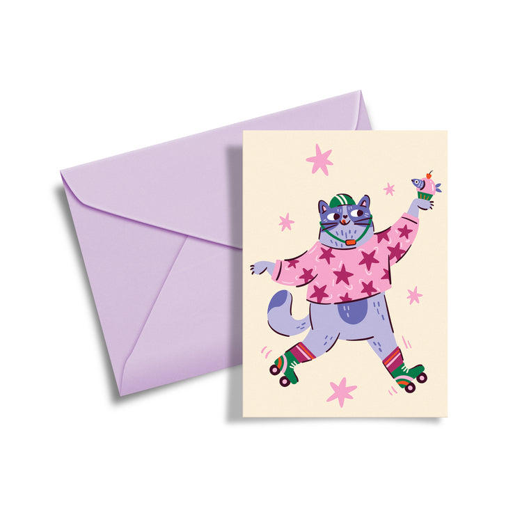 Carte de souhaits disco-chat Club Pastel patins à roulettes célébration bonne anniversaire mauve 
