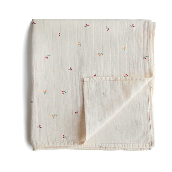Couverture coton mousseline enfant beige cerises fruits 