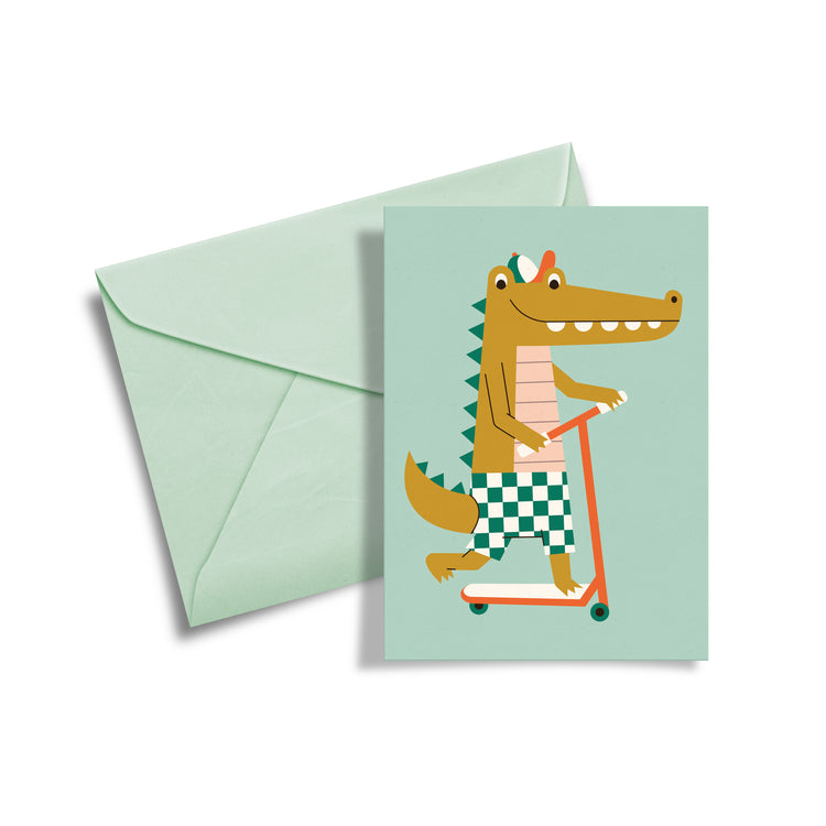 Carte de souhaits Croco-tinette Club Pastel crocodile trottinette 