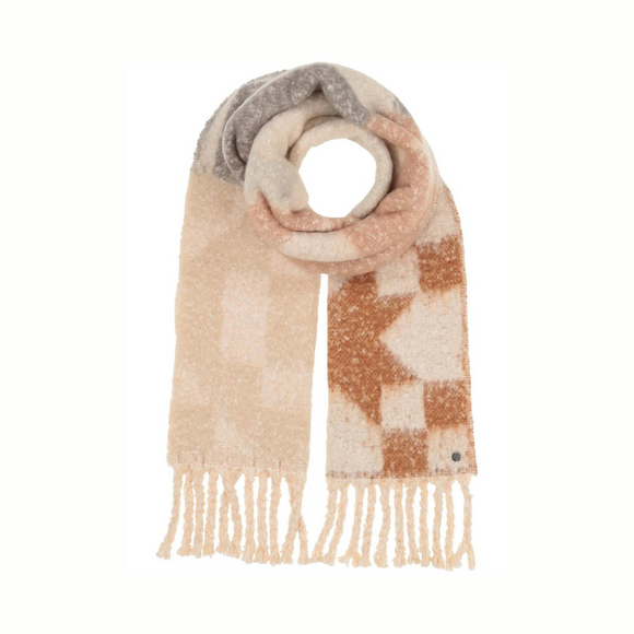 Foulard frange cosy hiver motif géométrique beige gris