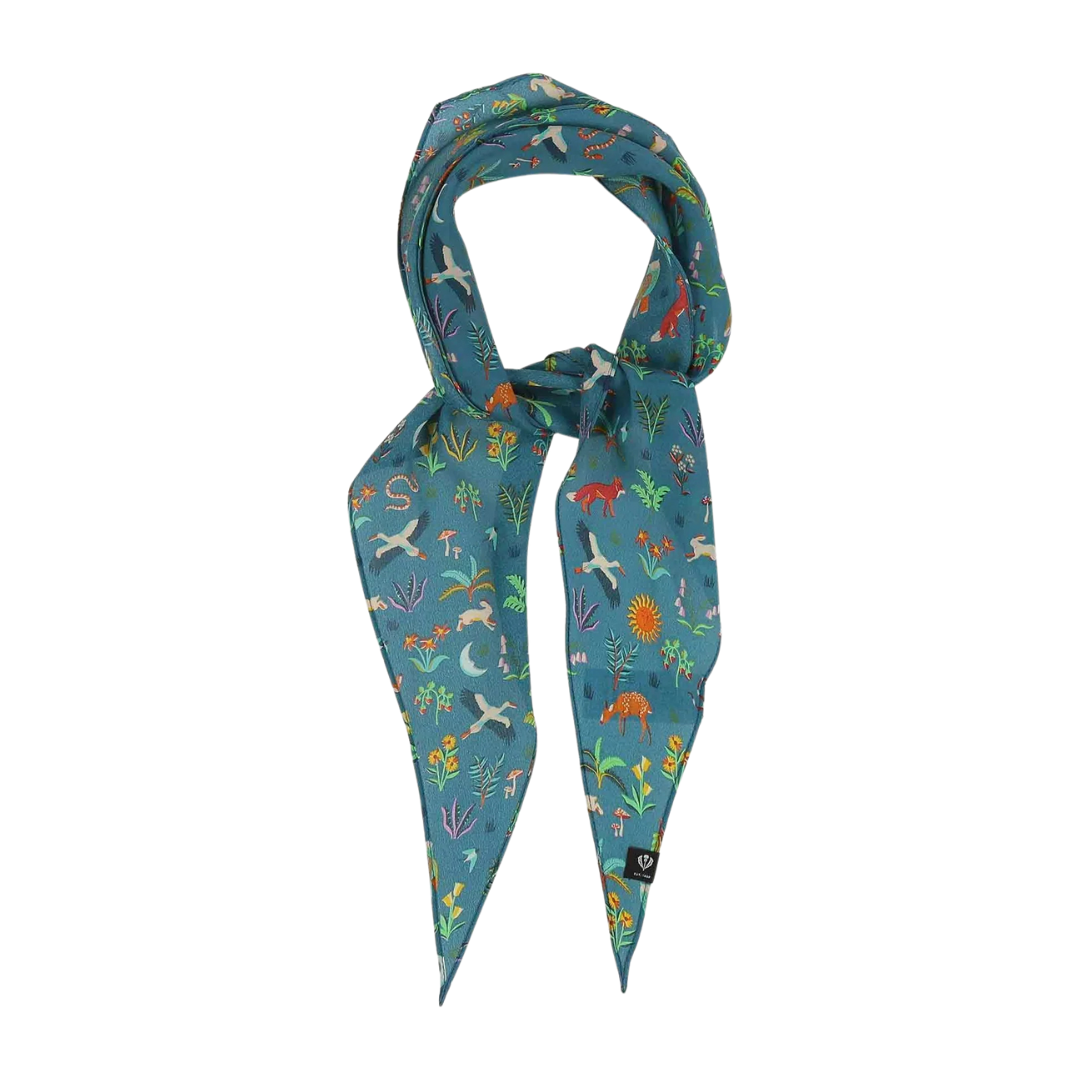 Foulard, ménagerie botanique, losange, style, mode, V.Fraas, Bleu sarcelle, soie, animaux, végétaux 