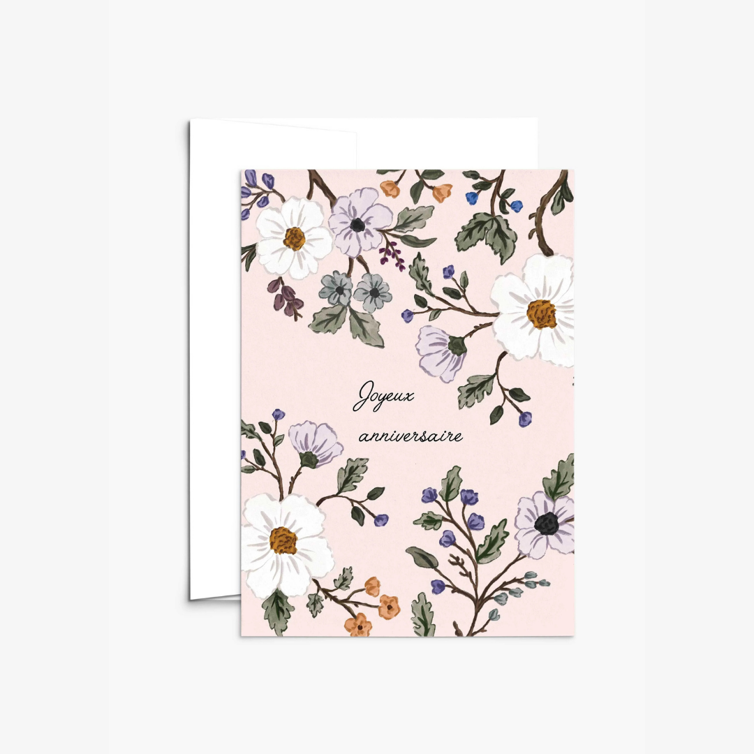 Carte joyeux anniversaire floral rose Mimi & August