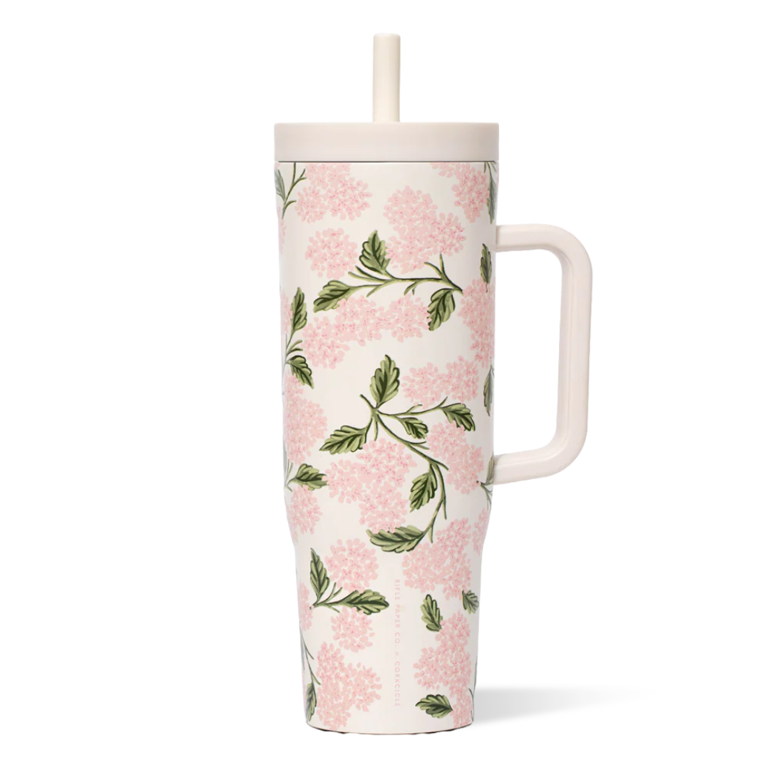 Tasse Cruiser 40 oz Hydrangea Rose pâle Corkcicle × Rifle Paper Co. Cute vert tendance 