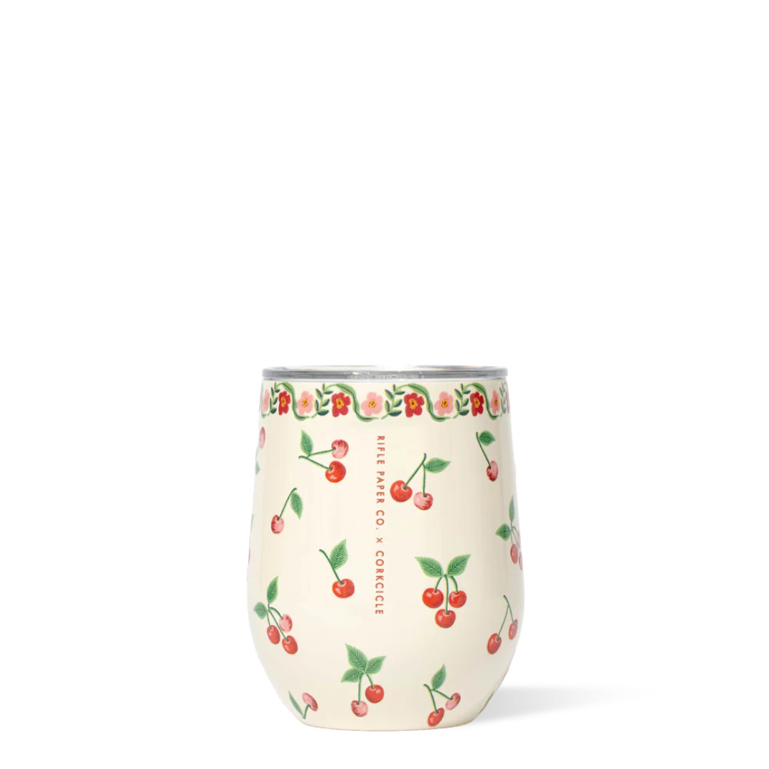 Verre vin isotherme 12 oz Cerises Corkcicle × Rifle Paper Co. Blanc vert rouge cute tendance pratique 