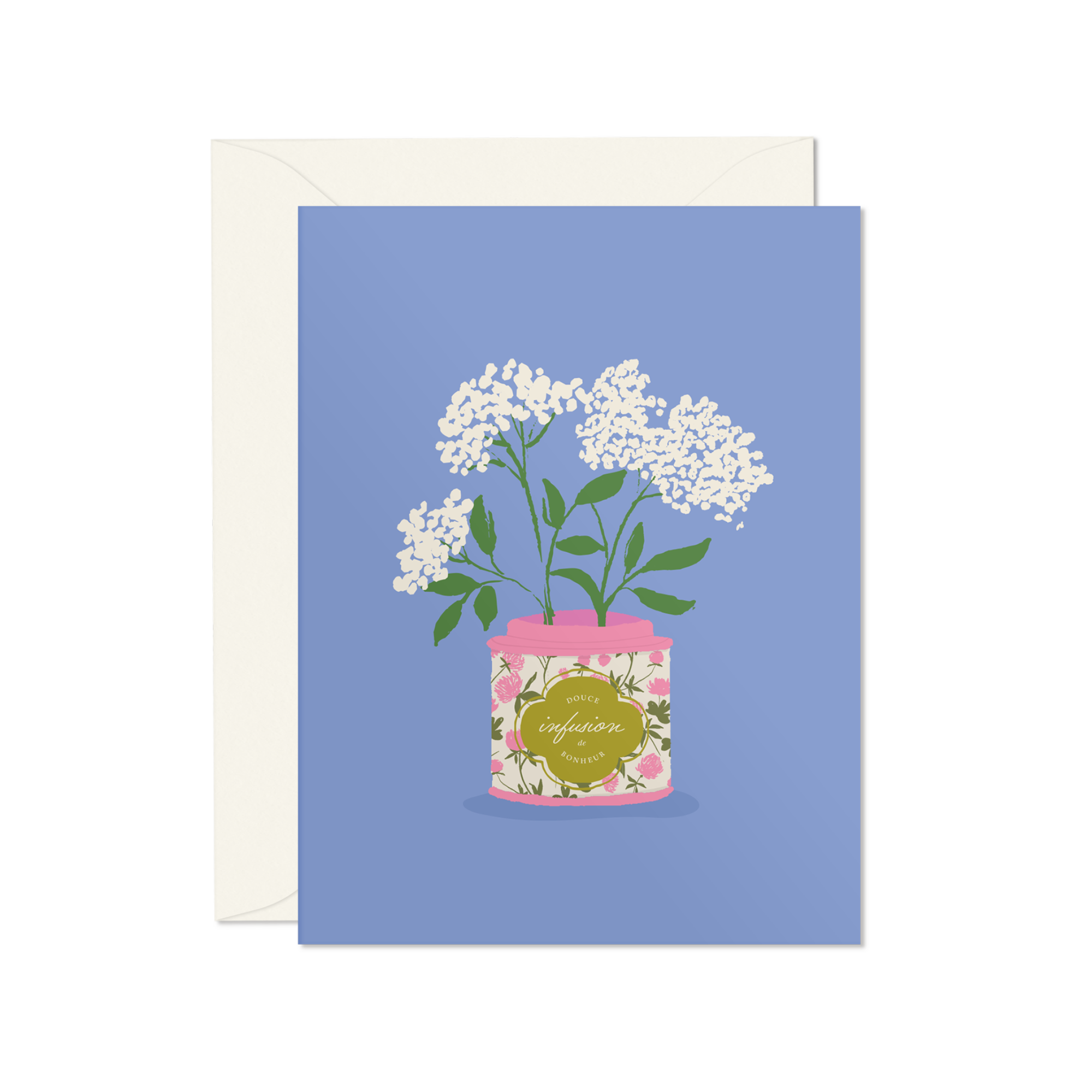 Carte de souhaits infusion de bonheur mimosa design bleu pot de fleur cute Québec 
