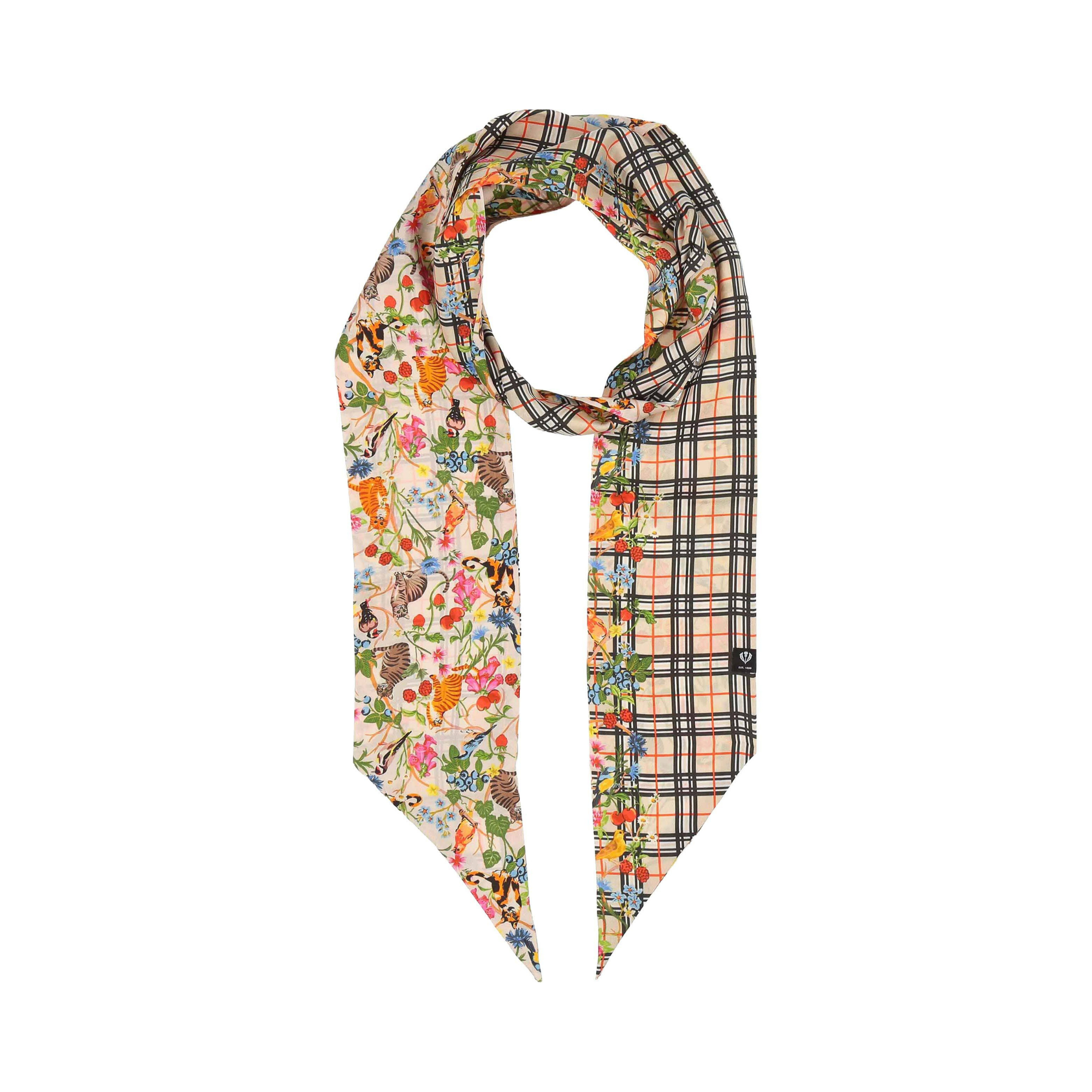 Twilly en soie motif plaid & chats fond ivoire Maison FRAAS coloré cute mode tendance 